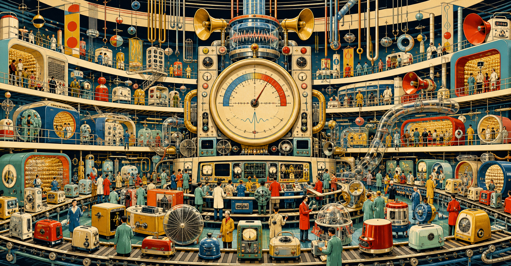 Illustrated cutaway of a vast retro appliance frequency laboratory filled with machines, gauges, and testing galleries